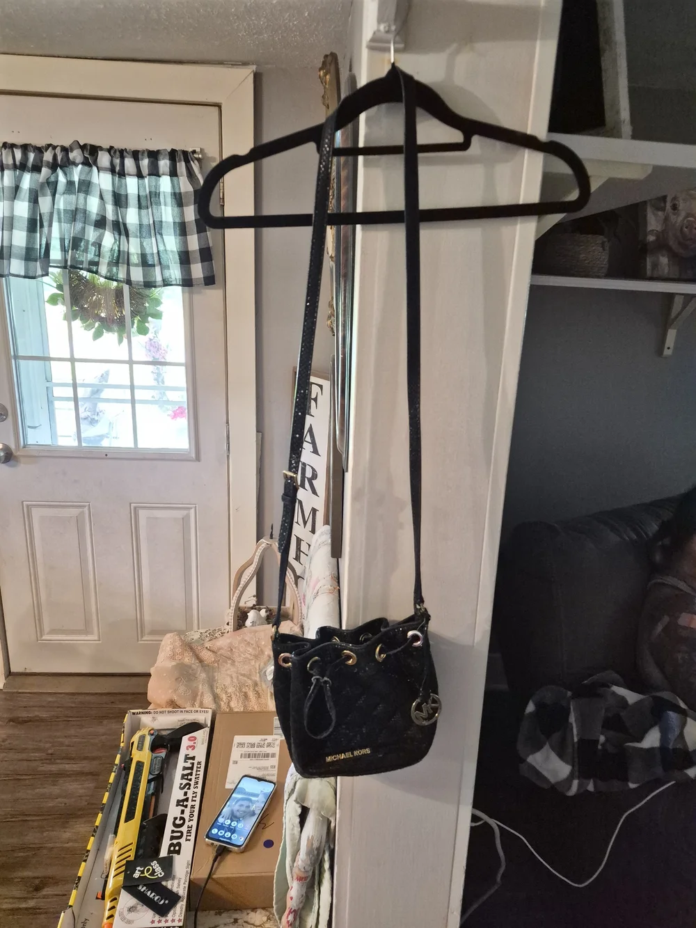 Michael Kors Black Sequin Bucket Crossbody Bag with Gold Hardware